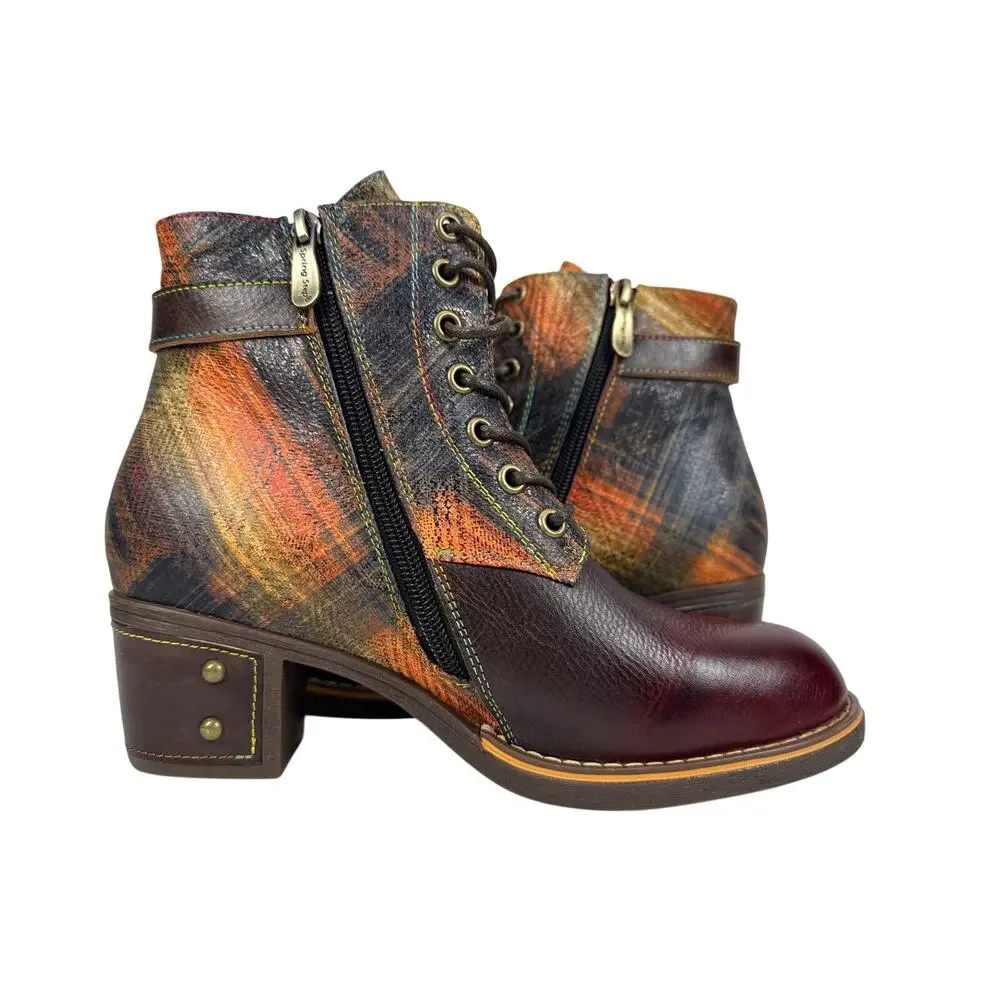 L'Artiste Spring Step Harmonic Boots Women 7.5-8 EU 38 Floral Plaid‎ Leather Zip